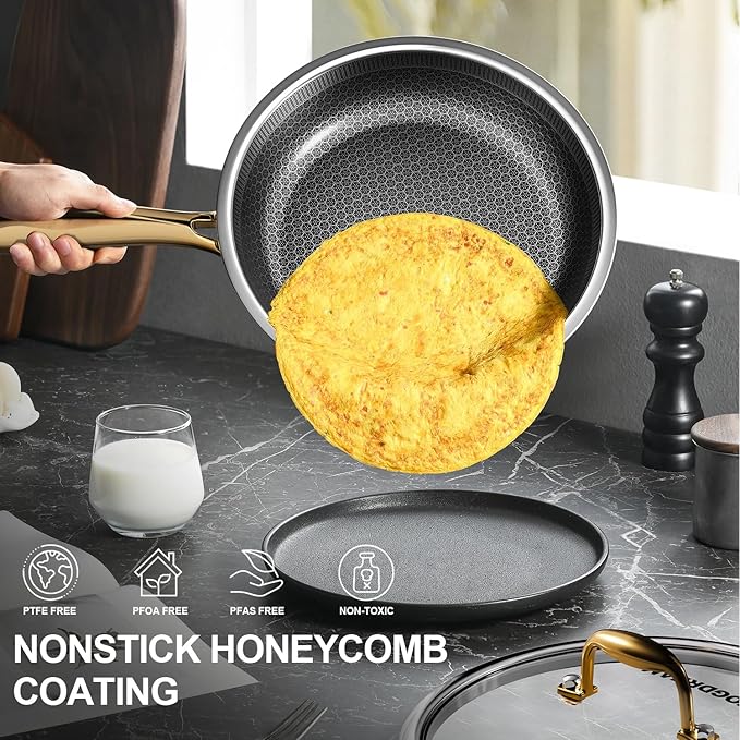 FogDream 12 Inch Non Stick Frying Pans, Stainless Steel Skillet with Tempered Glass Lid Tri-Ply Stainless Steel for All Cooktops, Dishwasher & Oven-Safe Cooking Pan, Stay-Cool Handle, Gold