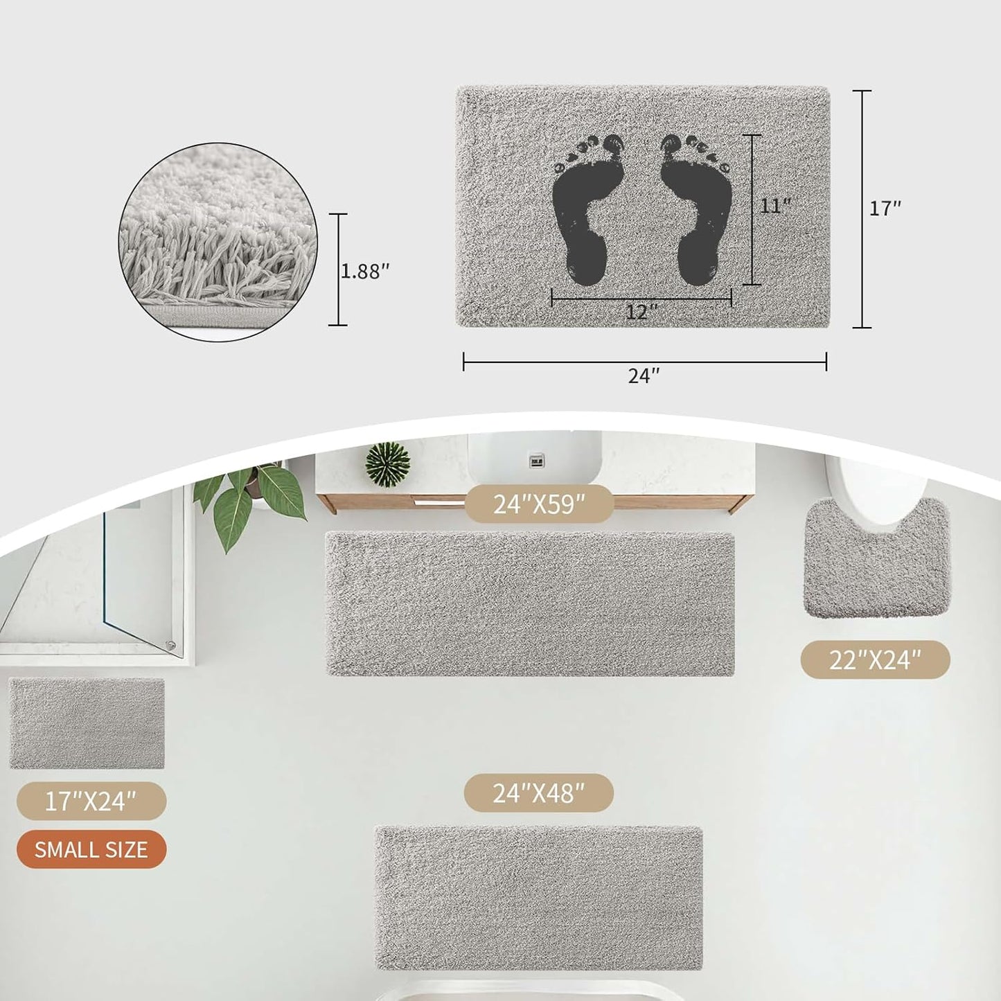 Small Bathroom Rug 17x24 Non Slip Gray Fluffy Bath Mat for Bathroom Floor Washable Plush Luxury Bath Rug for Tub Soft Shaggy Absorbent Shower Mat