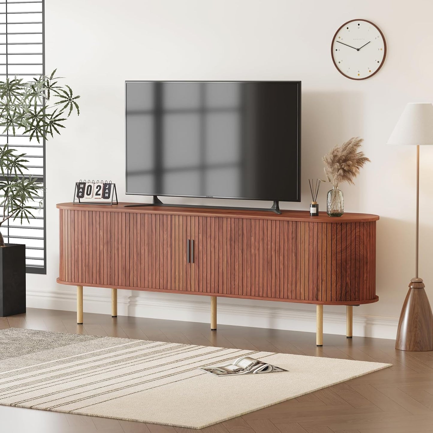 GarveeHome 70.1" TV Stand, Modern TV Console Table with Storage Compartment and Sliding Door, Gaming Entertainment Center with Cabinet for Living Room, Bedroom, Office, Walnut