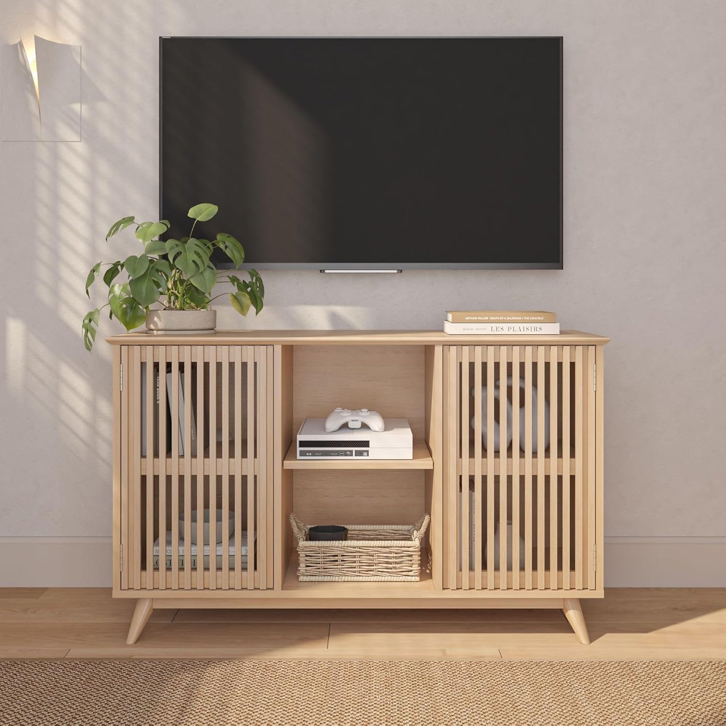 Plank+Beam Mid-Century Modern Wood TV Stand, Solid Wood Entertainment Console with Storage, 49" L x 16" W x 30" H, Blonde