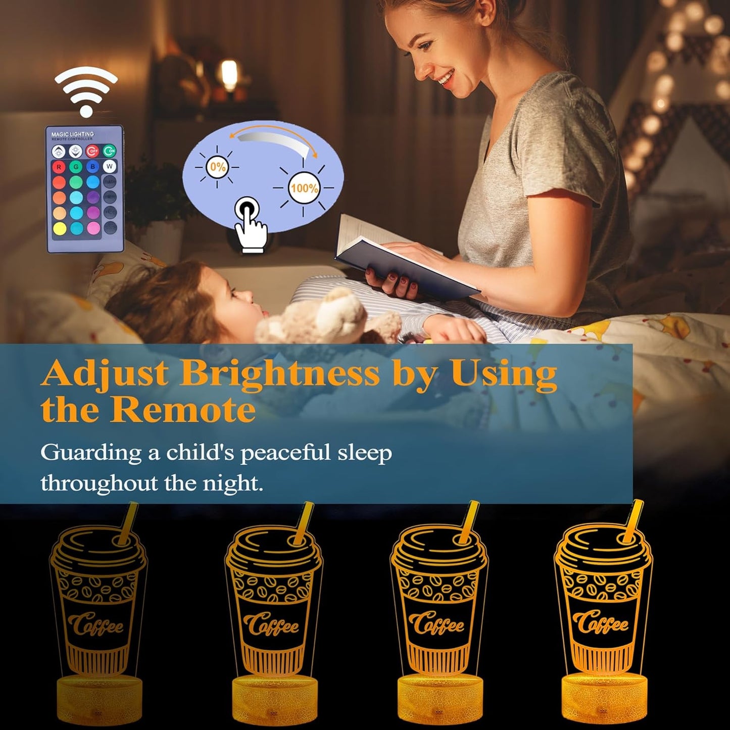 Coffee Gift, Coffee Cup Decor, 3D Illusion Night Light Lamp, 16 Colors Changing, Remote Control, Dimmable, Cafe Shop Room Decoration