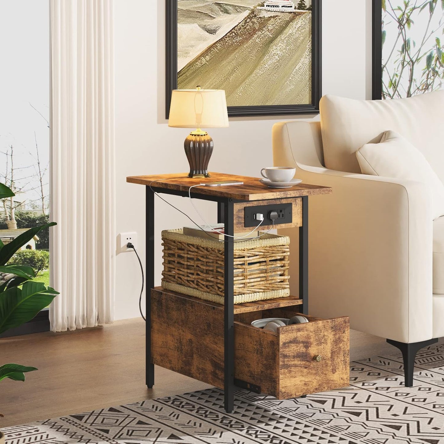 LIDYUK End Table with Charging Station, Narrow Side Table with Drawer and USB Ports & Power Outlets, Nightstand Bedside Tables for Small Spaces, Bedroom, Living Room, Rustic Brown