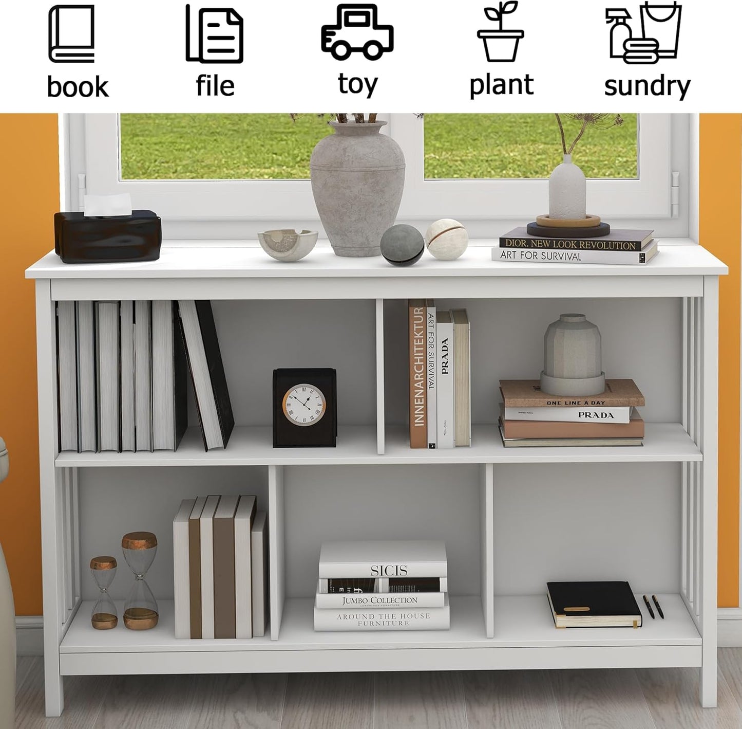 TaoHFE Horizontal Bookshelf - Modern Minimalist 2-Tier Book Shelf with Storage, Short Wide Wood Bookshelf for Classroom, Office, Living Room or Study, White