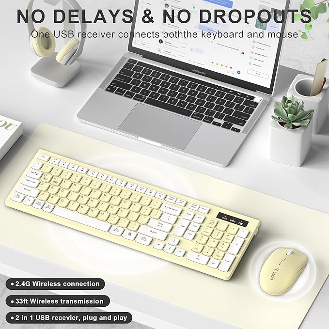 Wireless Keyboard and Mouse Combo, Full-Sized Wireless Keyboard and Adjustable DPI Mouse, 2.4GHz USB Receiver, Keyboard and Mouse for PC, Windows, Desktop, Laptop (Canary Yellow)