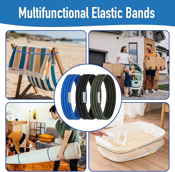 Garbage Can Rubber Bands, Heavy-Duty Garbage Bag Holder for 32-55 Gallon Bins, Large Trash Can Rubber Bands with High Elasticity, Band to Hold Trash Bags in Place, Set of 3 in Black, Blue, Green