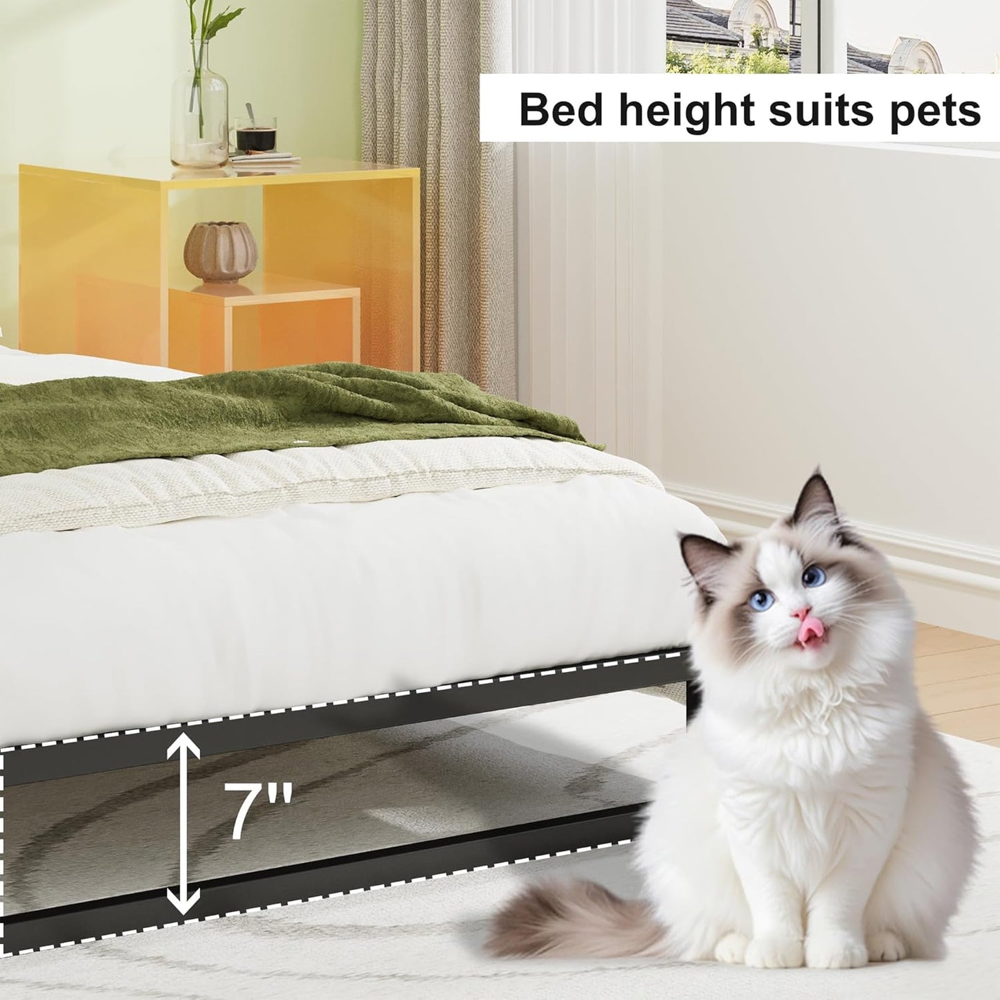 EMODA 7 Inch Queen Bed Frame No Box Spring Needed Heavy Duty Metal Platform BedFrame Queen Size with Steel Slats, Easy Assembly, Black