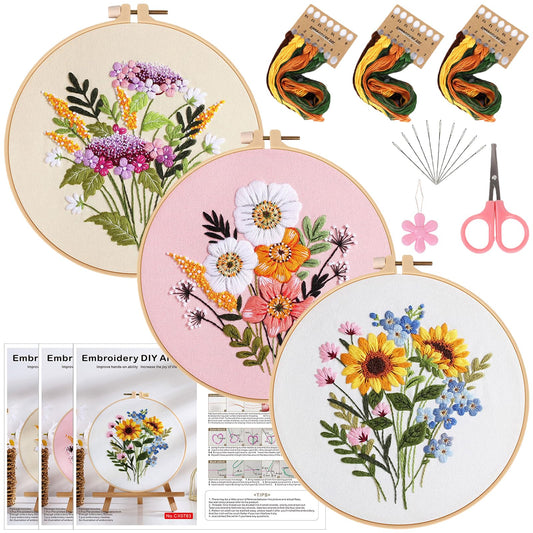 Herdiese 3PCS Embroidery Kit for Beginners with Floral Patterns – Cross Stitch Kits for Adults Including Hoop, Pre-Printed Fabrics, Threads, 9 Needles & Scissors – Easy Instructions