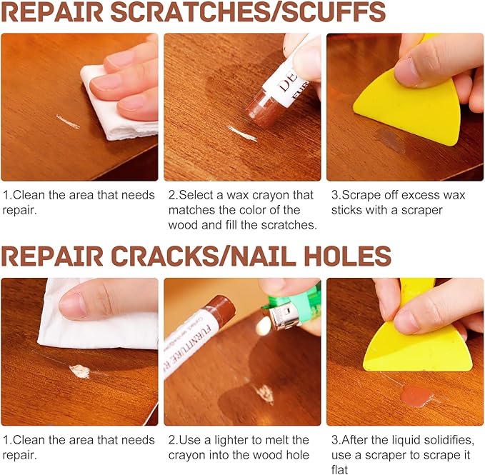 DEWEL Wood Filler Sticks, 6 Colors Wood Crayons for Scratches, Wood Floor Repair Wax Filler Sticks, Furniture Scratch Repair Crayons Kit for Wood Holes, Scratches, Table