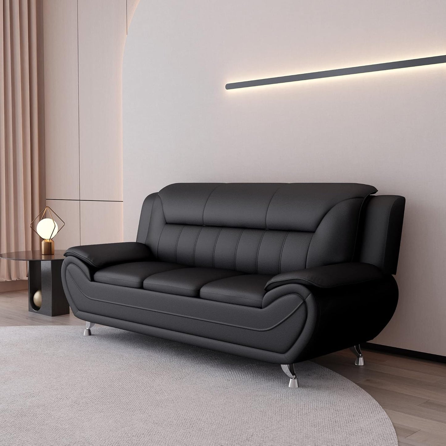 Container Furniture Direct Michael Modern Faux Leather Upholstered Stainless Steel Legs Living Room Sofa, Midnight Black