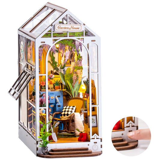 ROBOTIME Book Nook Kit - DIY Miniature House Kit, 3D Wooden Puzzle Booknook, Bookend Bookshelf Insert Decor with LED Light, DollhouseTiny House Hobby Diorama Kit Unique Gifts (Garden House)