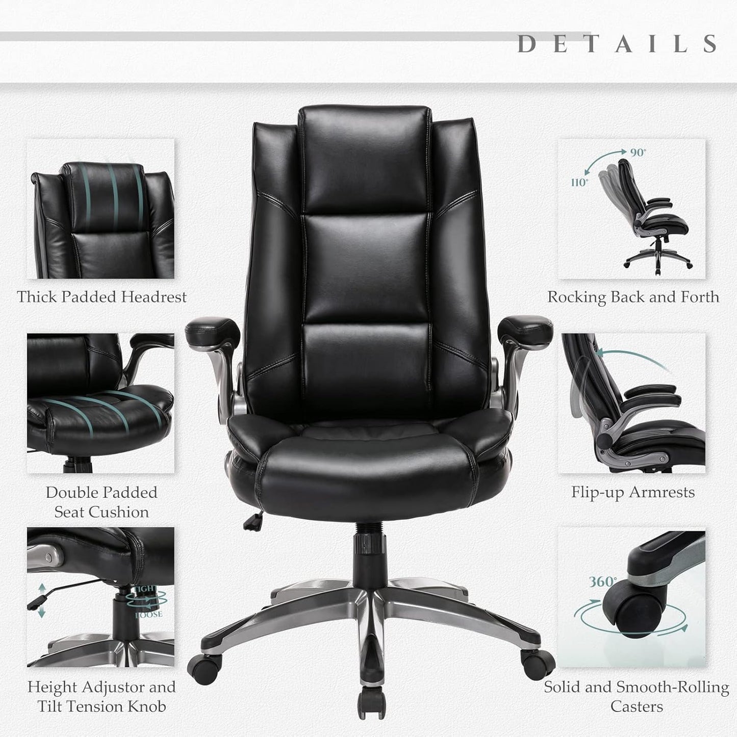 Leather Executive Office Chair - High Back Home Computer Desk Chair with Padded Flip-up Arms, Adjustable Tilt Lock, Swivel Rolling Ergonomic Chair for Adult Working Study, Black