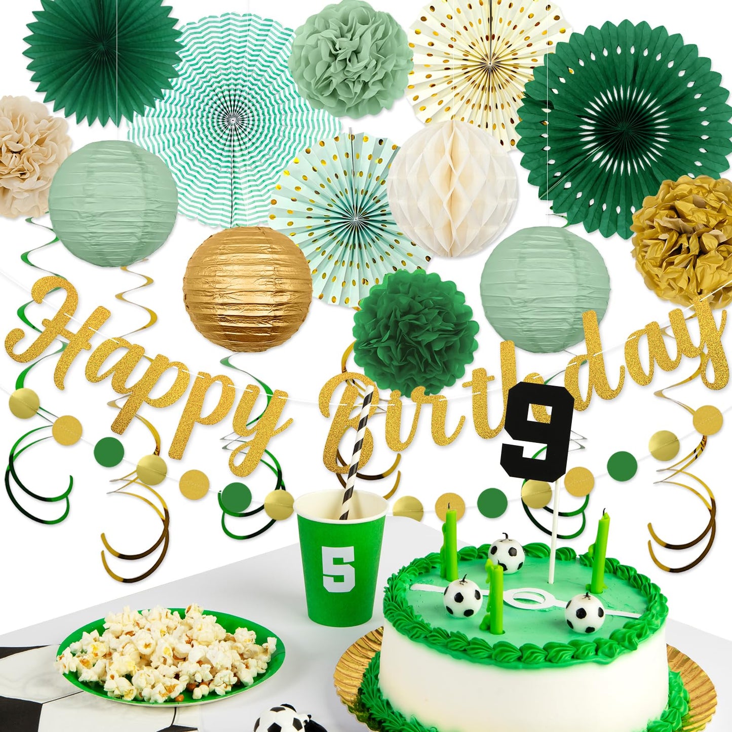 Sage Green Birthday Party Decorations - 21pcs with Happy Birthday Banner, Paper Lanterns, Tissue Pom Poms, Hanging Streamers, Round Garland for Women Girls Boys Birthday Decor Supplies.