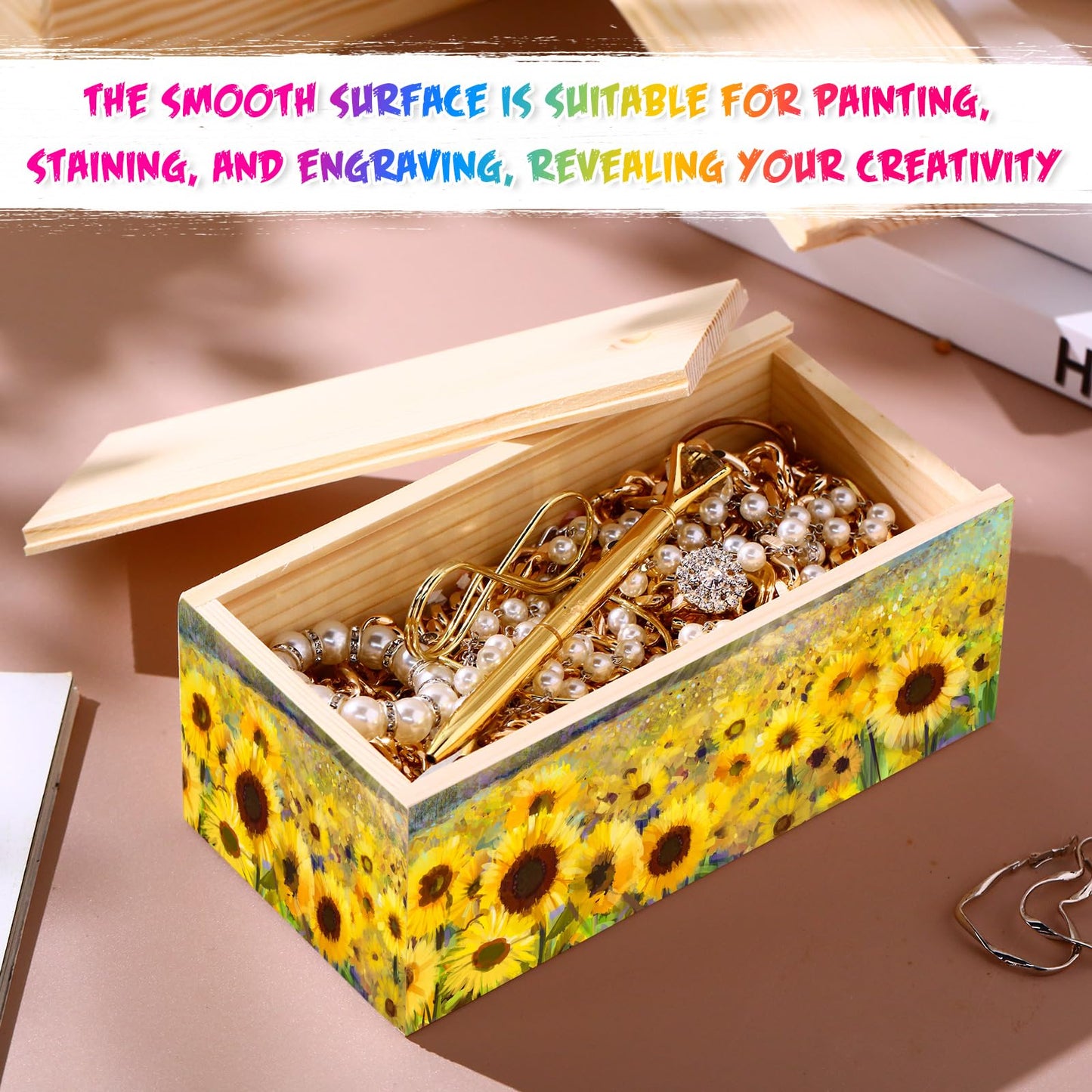 Suzile 6 Pcs Unfinished Wood Boxes with Slide Lid, 7.87 x 3.94 x 3.15 Inches Rectangle Wooden Small Gift Box for Craft DIY Jewelry Bead Organizer(Wood Color)