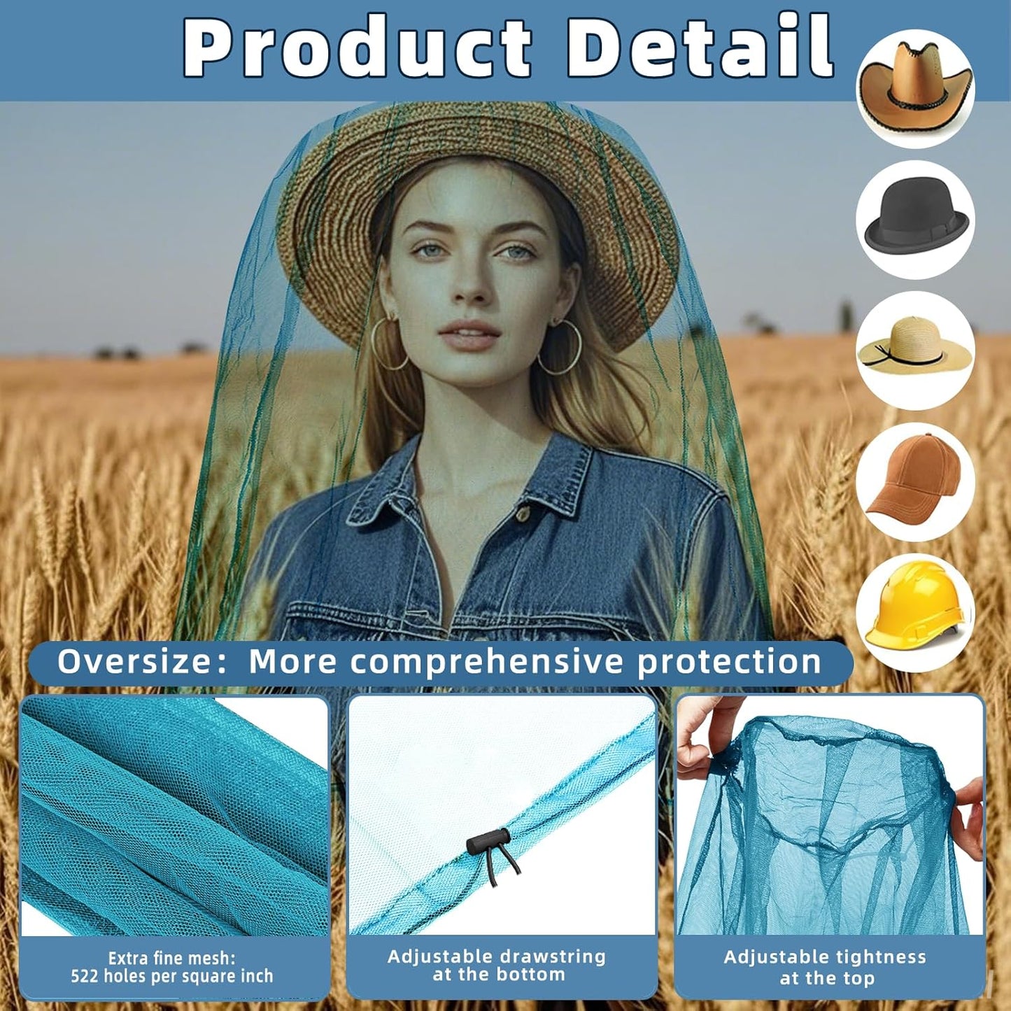Oversized Mosquito Net 42 x 25 Inches Ultra Large Mosquito Head Net Face Neck Fly Mesh Netting Fits All Hats for Outdoor Camping Hiking Fishing Gardening Safari(Blue)