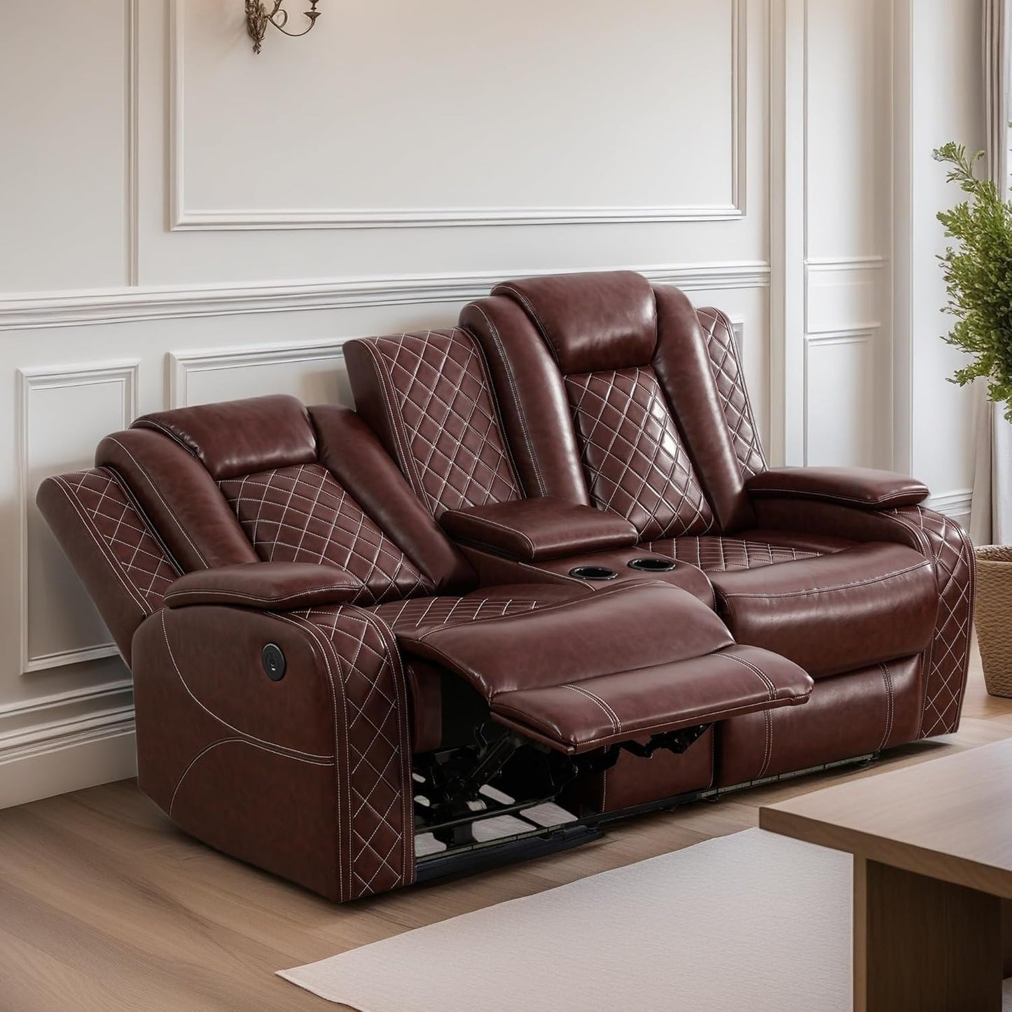 Loveseat Recliner Sofa, Reclining Loveseat Leather Couch with Storage Console, Modern Comfy Home Theater Seating Power Recliner Chair with Cup Holders for Living Room Furniture Sets, Red