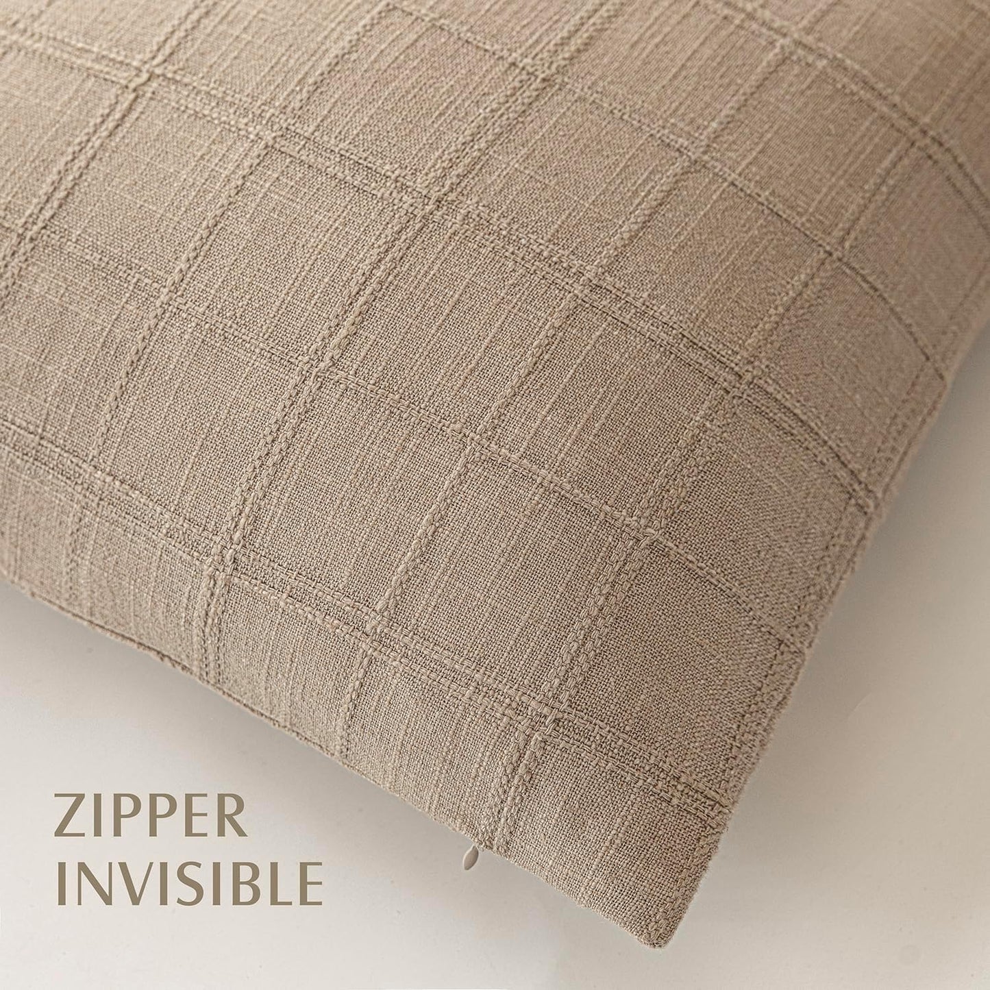 Foindtower Set of 2 Decorative Linen Check Throw Pillow Covers Neutral Farmhouse Vintage Cushion Covers Modern Coastal Boho Home Decor For Sofa Chair Couch Bedroom Living Room Outdoor,26×26 Inch,Camel