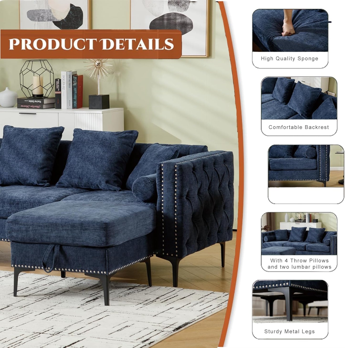 Ball & Cast 85" L Shaped Sectional Sofa with Storage Ottoman, Morden 3 Seater Tufted Couch with Nailhead Trim and Metal Legs for Living Room, Apartment, Office, Blue