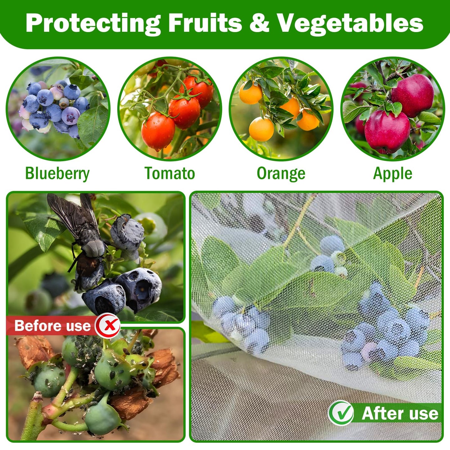 2 PCS Large Fruits Tree Netting Cover for Garden 2.6 x 3.3 ft Garden Insect Bird Barrier Plant Netting for Tomato Blueberry Bush Netting Covers Deer Cicada Netting Cover Bag with Drawstring