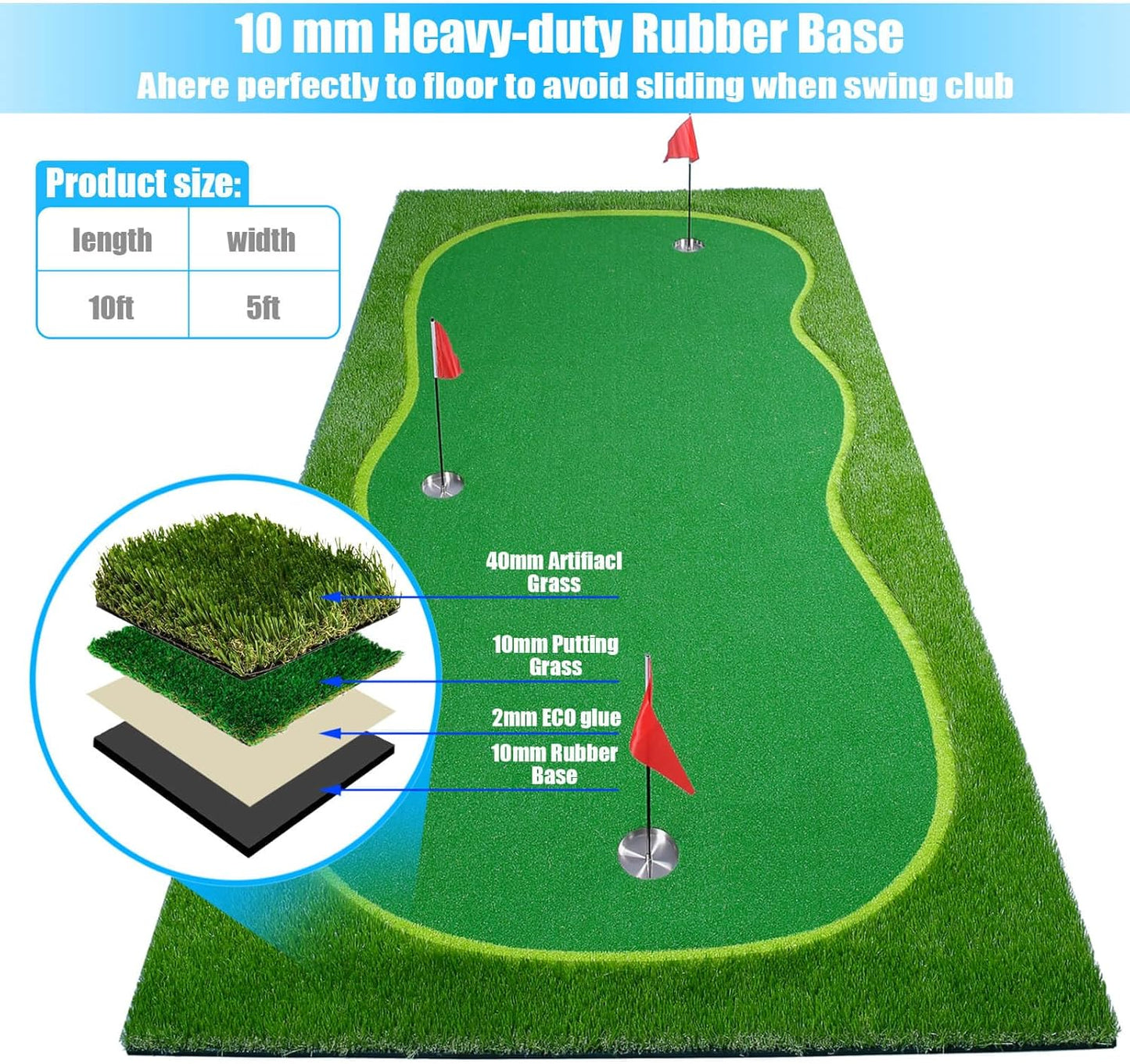 Golf Putting Green/Mat-Golf Training Mat- Professional Golf Practice Mat- Green Long Challenging Putter for Indoor/Outdoor