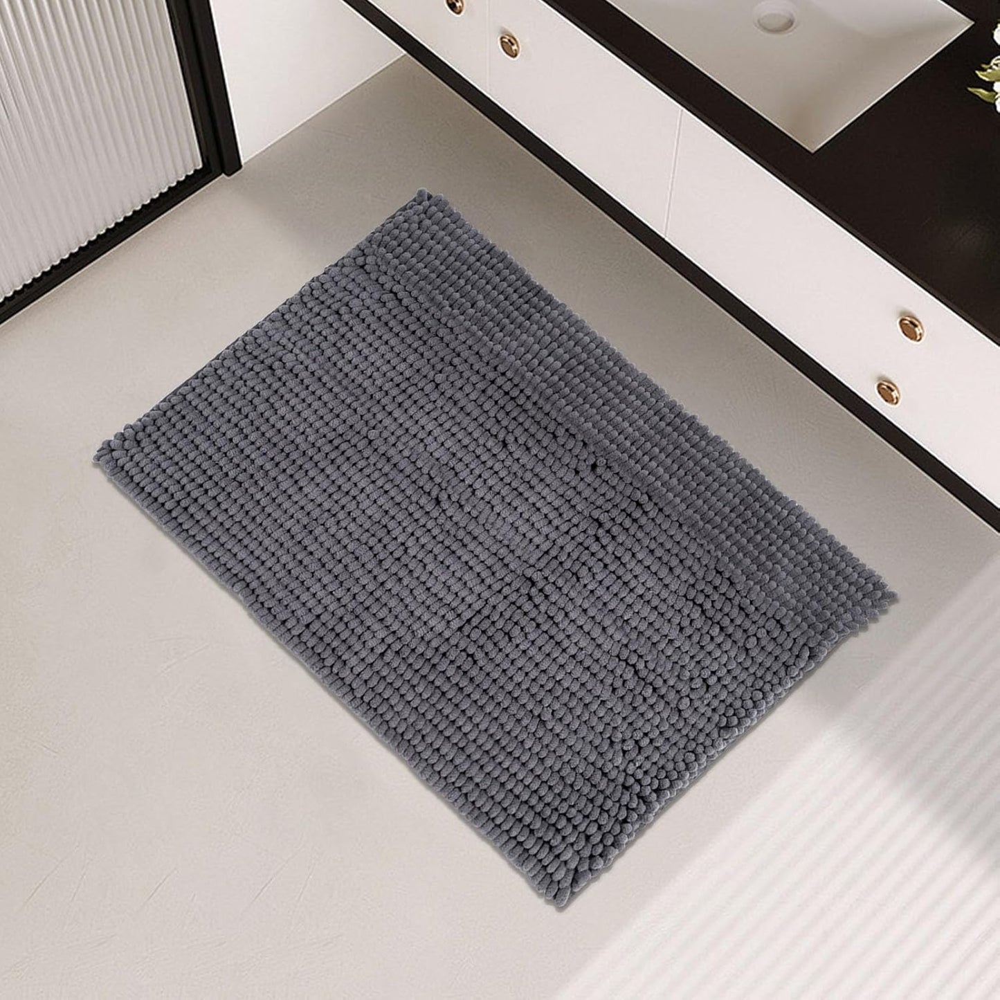 FRESHMINT Chenille Bathroom Rugs Mat 24"x17", Non-Slip Bath Mat for Bathroom Floor & Bathtub, Washable Soft Shower Shag Bath Rugs, Durable Fluffy Thick Water Absorbent Microfiber Shower Mat, Gray