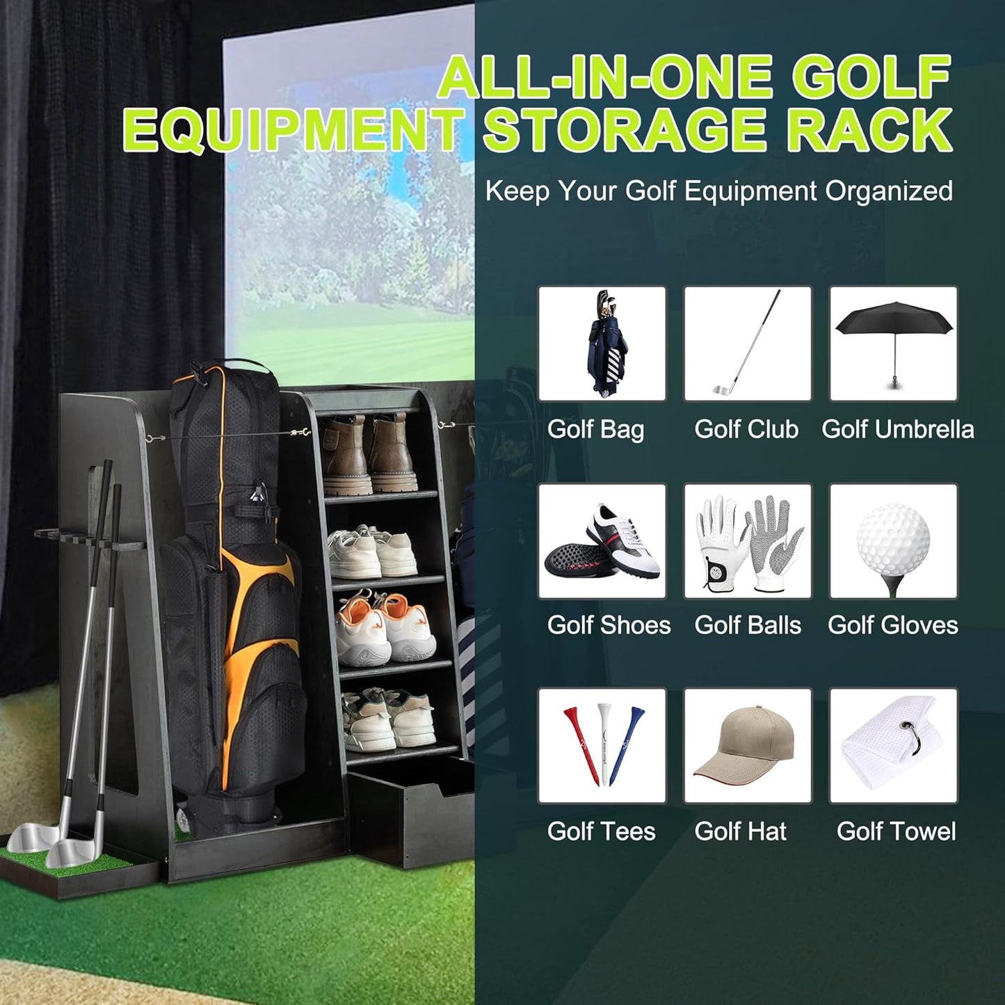 Wooden Golf Bag Organizer and Storage Rack, Wooden 2 Golf Bag Rack with Drawers, Easy to Assemble Golf Club Holder/Stand with Club Holders on Side
