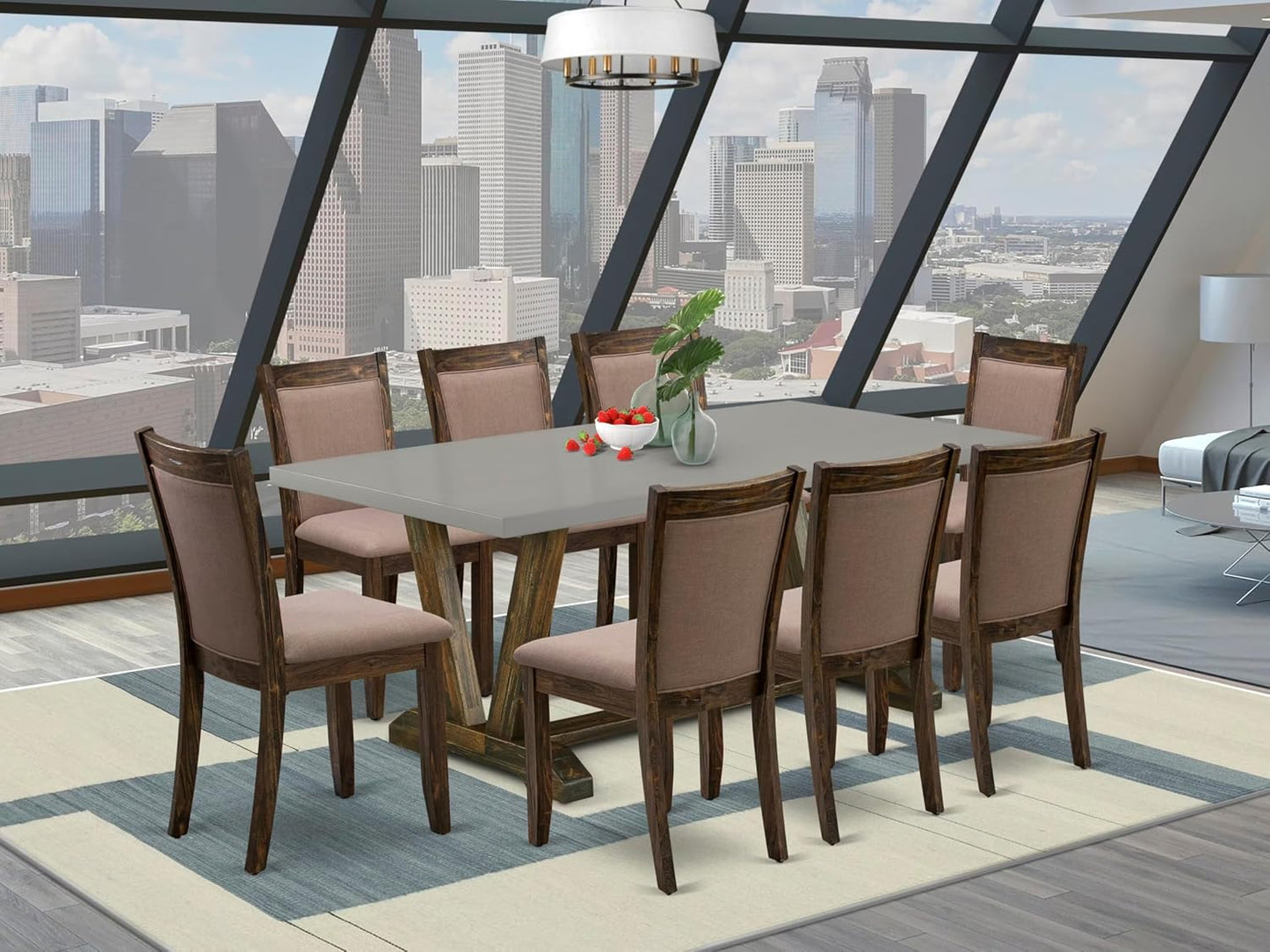 East West Furniture V797MZ748-9 9 Piece Modern Dining Table Set Includes a Rectangle Wooden Table with V-Legs and 8 Coffee Linen Fabric Parson Dining Chairs, 40x72 Inch, Multi-Color