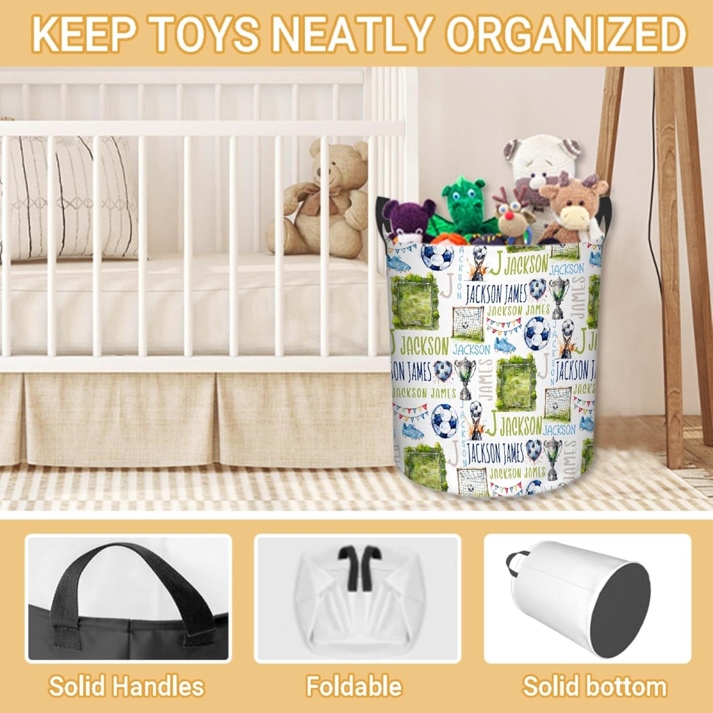 Personalized Soccer Laundry Basket, Custom Sports Laundry Hamper With Name Gifts For Kids Baby Adults, Collapsible Dirty Clothes Storage Organizer With Handles M 19.6 X 15.7in