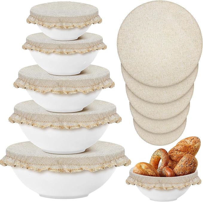 Patelai 10 Pcs Bowl Covers Reusable in 5 Size Stretch Cloth Fabric Elastic Food Storage Bowl Covers Bread Sourdough Lids for Proofing Food Fruits Leftover(Beige,Beige Style)