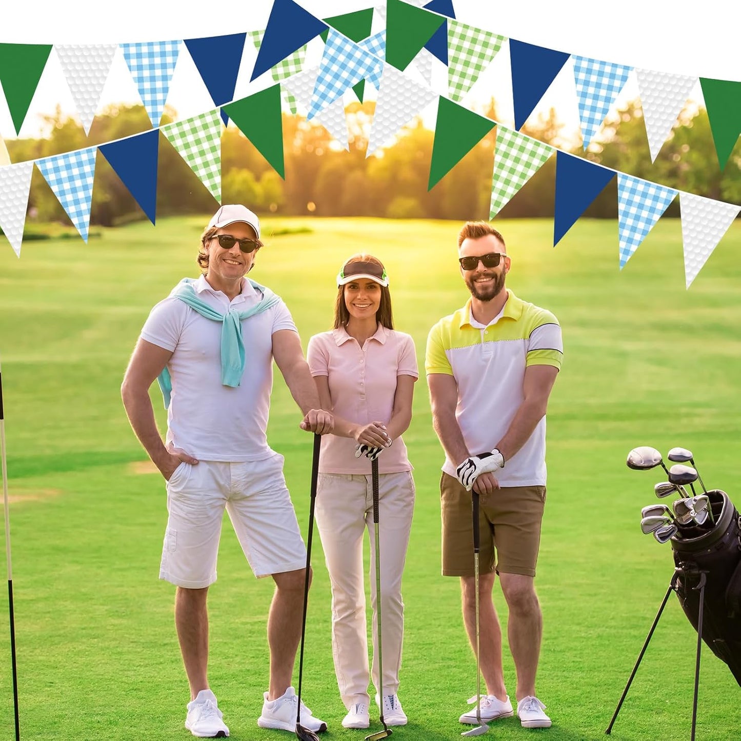 Pasimy 49.21 ft 60 Pieces Golf Party Pennant Banner Flags Decor Gingham String Triangle Flags for Birthday Baby Shower Golf Camp Bachelorette BBQ Party Decorations Supplies
