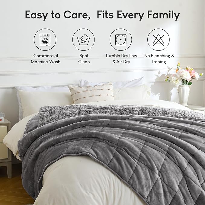 Cottonblue 20lbs Weighted Blanket Queen Size, 60x80 Inches Grey Sherpa Weighted Blanket Throw Sofa Bedding Heavy Blanket for Adults, Soft Cozy Fleece Blanket On Queen Bed
