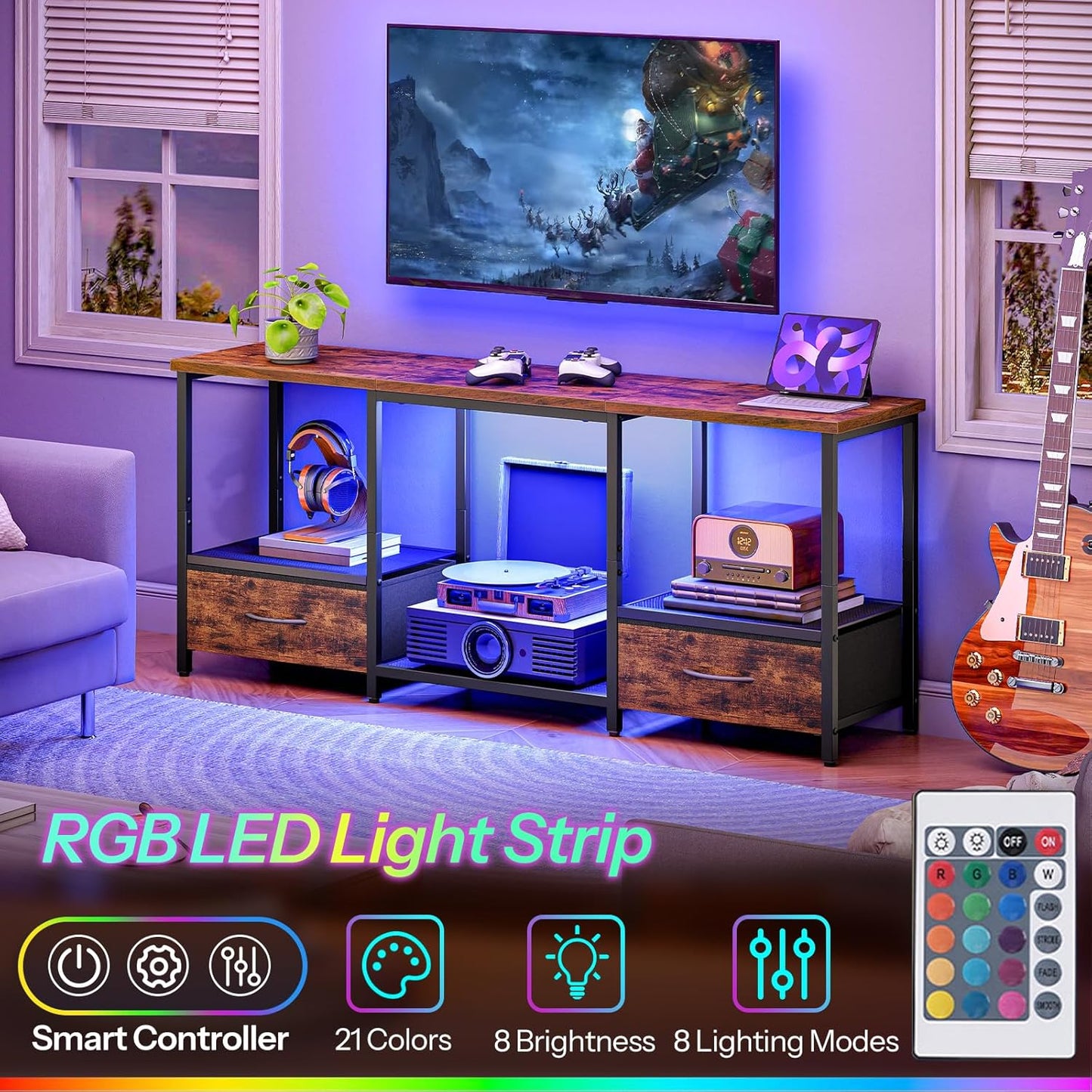 HOOBRO LED TV Stand with Storage, LED Entertainment Center with Open Shelves and Drawer, Fits TVs up to 55", Television Stand for Living Room, Bedroom, Rustic Brown and Black BF123DDS01