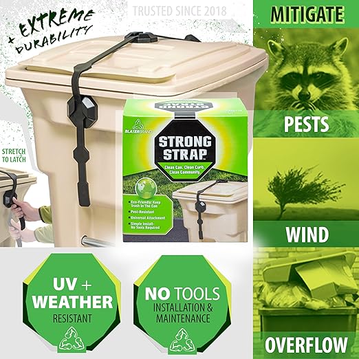 Blazer Brand Strong Strap Lid Lock for 32–96 Gallon Garbage Cans (1 Starter Kit) Long Lasting, No Tools Required, Stretch to Latch, Mitigate Pests, Wind, Overflow, and Spillage