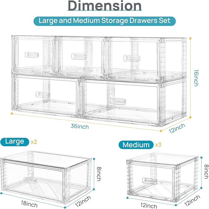Vtopmart 5-Piece Large & Medium Stackable Drawer Organizer Set, 108QT Clear Storage Cabinet with Easy Assembly, Durable Drawers for Closet, Bedroom, Entryway, Playroom & Apartment Organization
