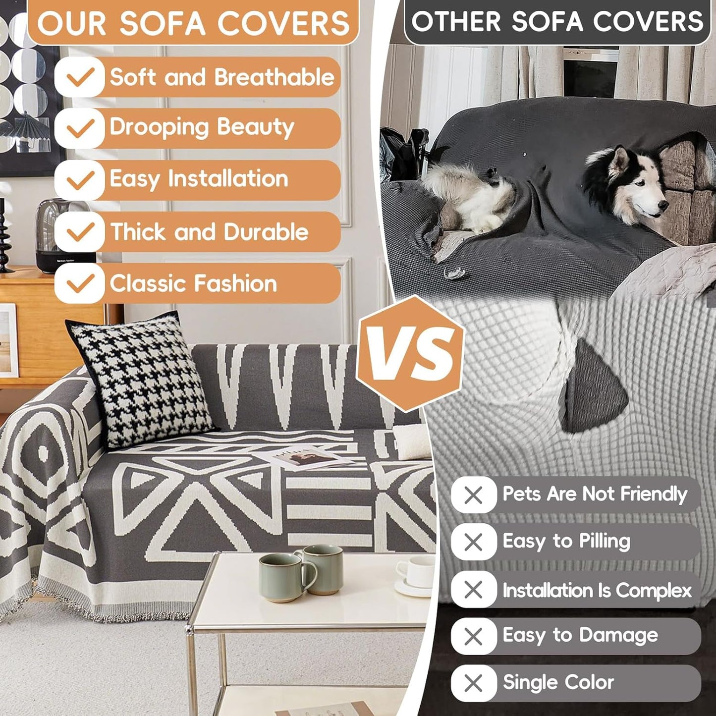 STACYPIK Boho Dark Grey Couch Cover, Soft Reversible Chenille Sofa Cover for Dog, Anti-Slip Pet Protector for 3 Cushion Couch, Washable Loveseat Couch Cover for Sectional, Decorative Blanket-71X134IN