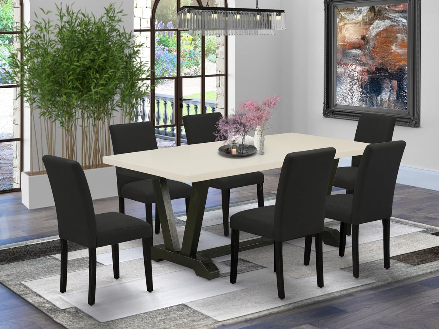 East West Furniture V627AB624-7 7 Piece Modern Dining Table Set Consist of a Rectangle Wooden Table with V-Legs and 6 Black Color Linen Fabric Parsons Dining Chairs, 40x72 Inch, Multi-Color