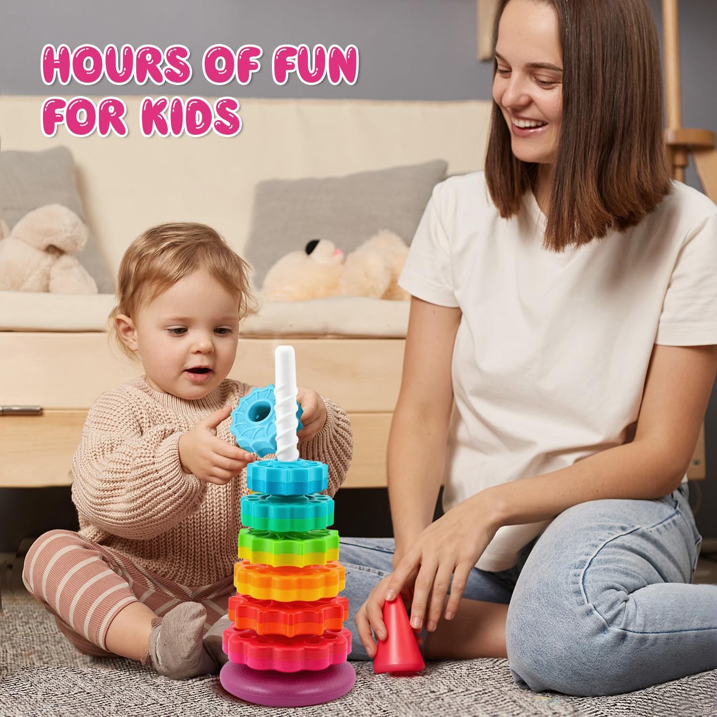 Eivaai Baby Spinning Stacking Toys Sensory Toys for Toddlers 1-3, Rainbow Ring Spin Montessori Toys for Babies 12 Months, Autism Learning Toy for 1 2 3 One Year Old Girl Boy Christmas Birthday Gifts