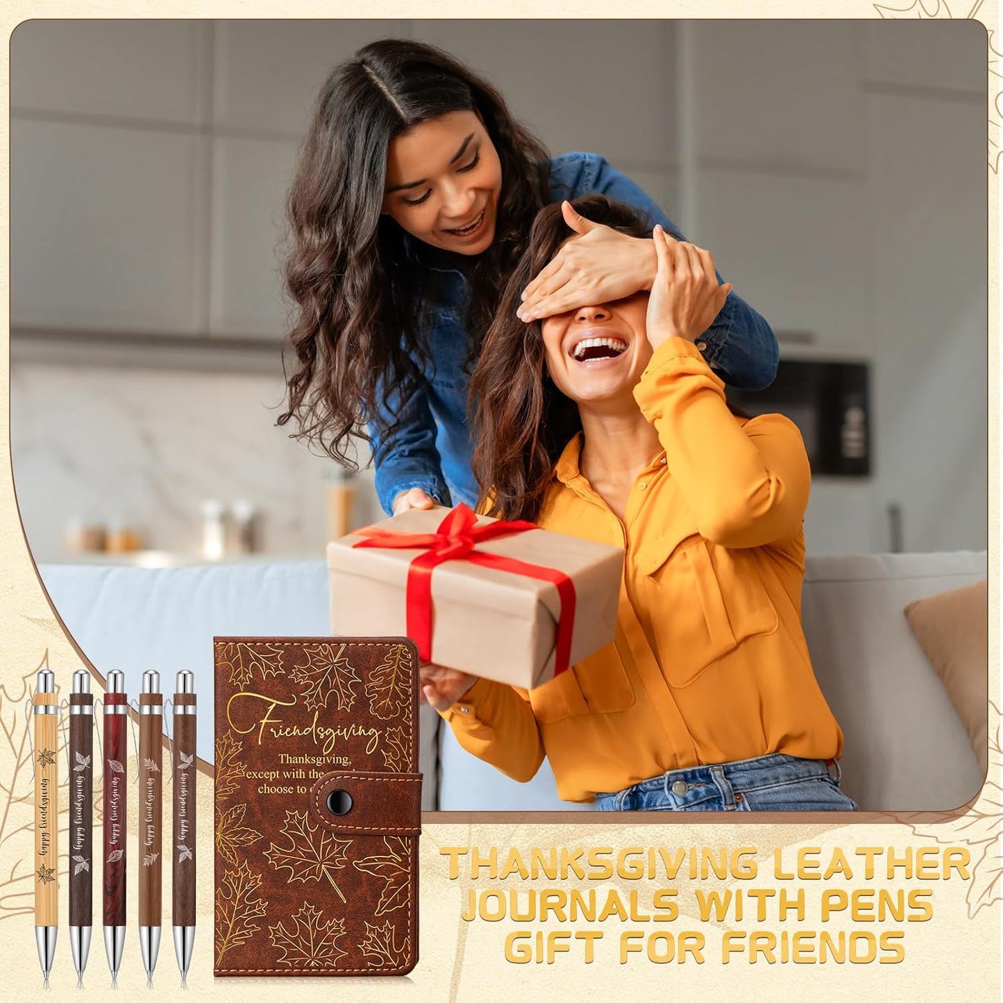 20 Sets/40 Pcs Friendsgiving Gift Bulk Thanksgiving Notebooks Maple Leaf A6 Leather Journals with Bamboo Pens Friendsgiving Party Favors Christmas Sisterhood Gift for Women Friends Bestie Sorority