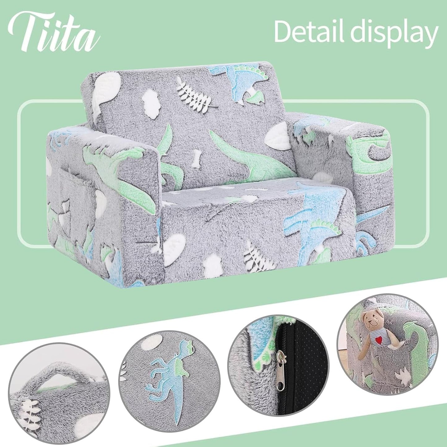 Tiita Kids Sofa, 2-in-1 Kid Chair, Convertible Toddler Couch to Lounger, Flip Out Baby Sofar, Toddler Armrest Chair Bed, Folding Kids Play Sofa for Girl or Boy(Dark Grey Dinosaur)