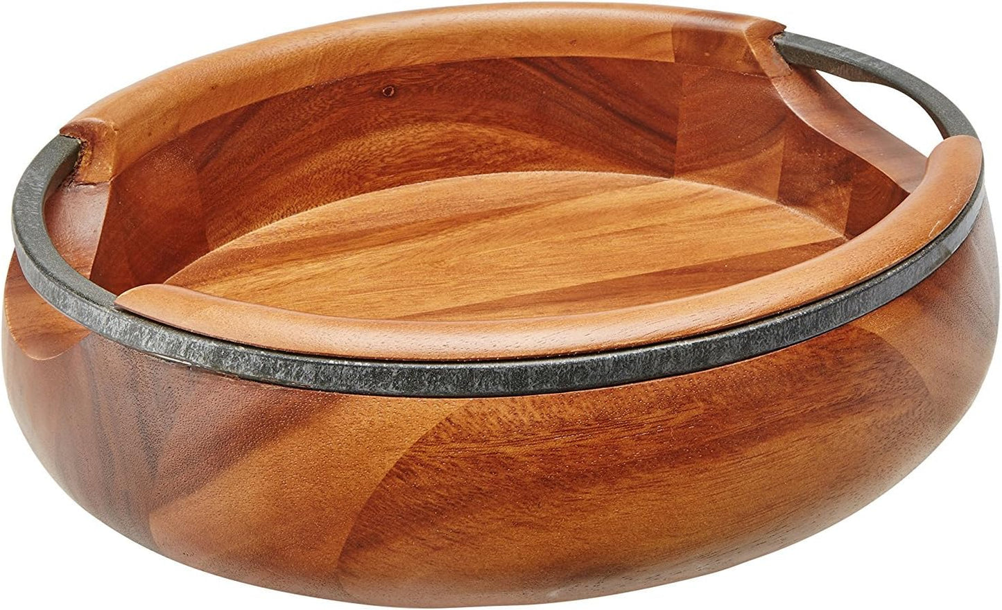 nambe Anvil Salad Bowl with Servers | Large Wooden Serving Bowl for Fruit, Salads | Made of Acacia wood and Iron Finished Nambe Alloy | Designed by Neil Cohen