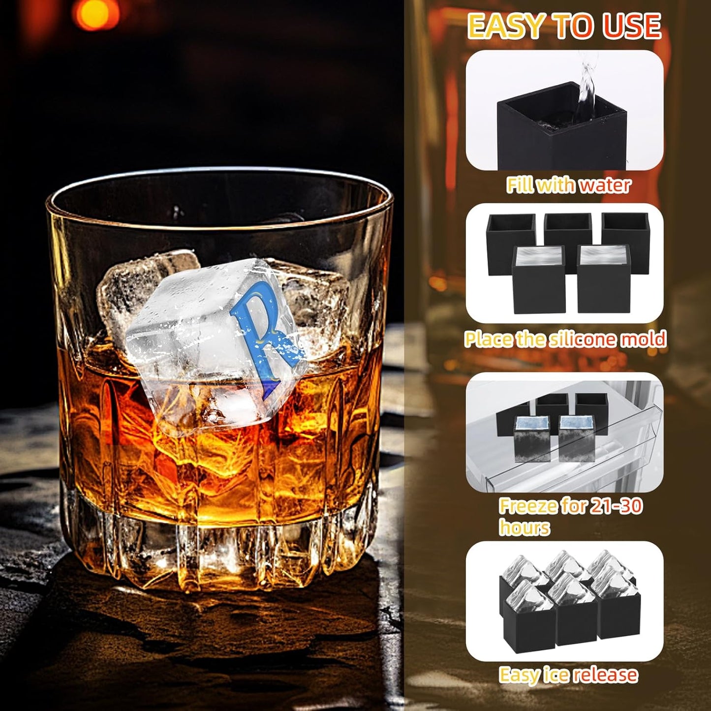 6 Pcs 2" Letter Silicone Personalized Ice Cube Mold,Personalized Ice Mold with 2mm Depth,Create Unique Whiskey Ice Cubes in Style with our Customizable Ice Mold (Letter B)
