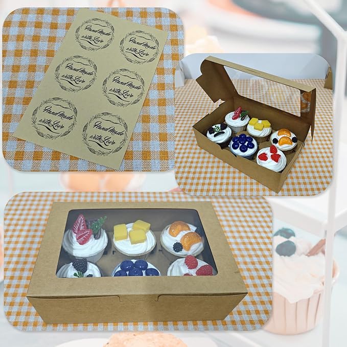 Cupcake Boxes 6 Count, Disposable Cupcake Containers, Food Grade Carrier with Window and Inserts for Cupcakes Muffins Cookies Pastries Donuts (Kraft Brown, 3 Pack)