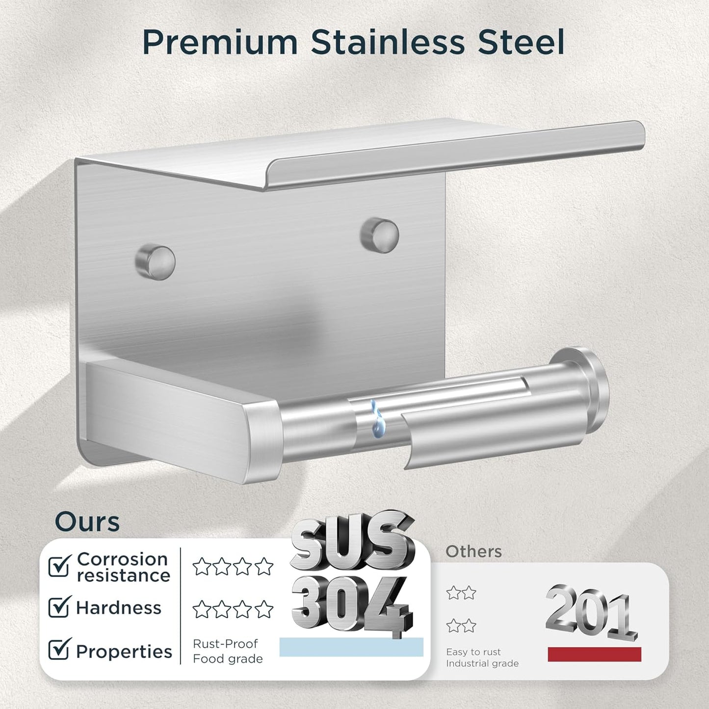 FORIOUS Toilet Paper Holder with Shelf, Adhesive or Screw Wall Mount Toilet Roll Holder for Bathroom, Rustproof 304 Stainless Steel Commercial Toilet Tissue Holder with Phone Shelf, Brushed Nickel