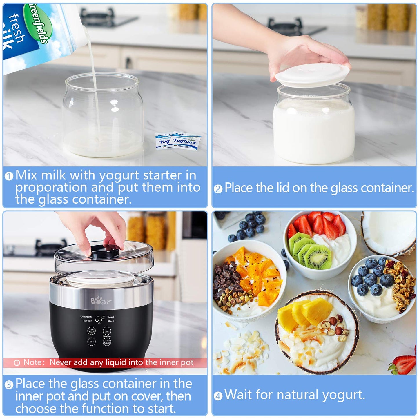 Bear Yogurt Maker, Greek Yogurt Maker Machine with Strainer and Timer Control, Stainless Steel Inner Pot, Automatic Digital with 2 Glass Jars 1 Quart for Home Organic Yogurt, Cheese, Fruit Wine