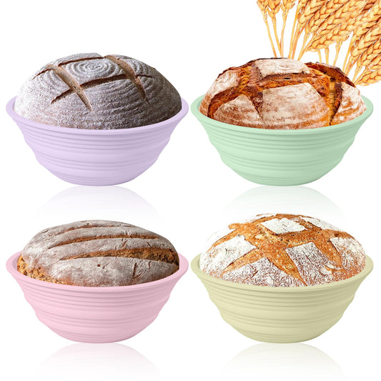 Ycgcp 4Pcs Silicone Banneton Bread Proofing Baskets, 9" Collapsible Sourdough Bread Baking Supplies Non-Stick Round Dough Proofing Bowl Containers Oven Safe for Various Tastes Bread Making-BPA Free