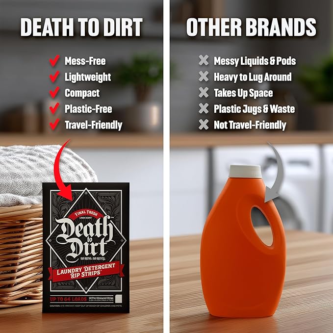 Death to Dirt Laundry Detergent Sheets, 64 Loads, Tough on Stains and Odors, Gentle on Skin and Fabric, Plant-Based & Eco-Friendly, Final Fresh Linen Scent, 32ct