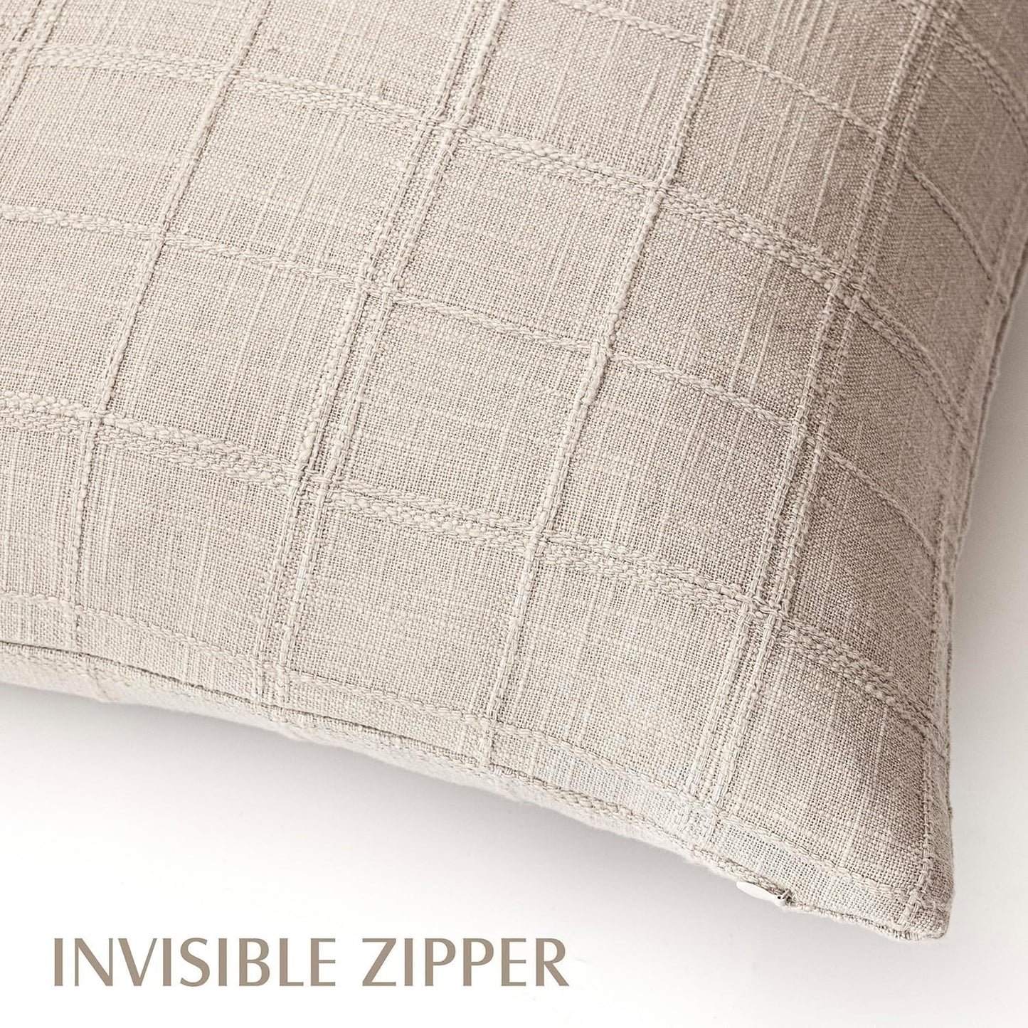 Foindtower Set of 2 Decorative Linen Check Throw Pillow Covers Neutral Farmhouse Vintage Cushion Covers Modern Boho Home Decor For Sofa Chair Couch Bedroom Living Room Outdoor,18×18 Inch,Natural Linen