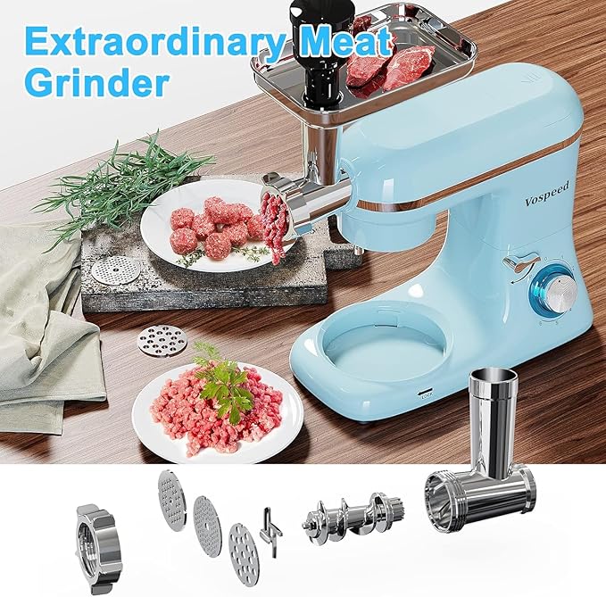 Stand Mixer 9 IN 1, 850W Tilt-Head Multifunctional Electric Mixer with 8 QT Stainless Steel Bowl, 1.5L Glass Jar, Meat Grinder, Hook, Whisk, Beater Dishwasher Safe (Blue)