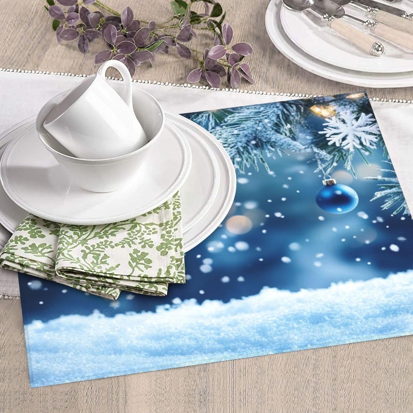 Dish Drying Mat Christmas Blue Ball Snowflake Absorbent Microfiber Non Slip Quick Dry Heat Resistant Holiday Decorative Kitchen Counter Mat for Plates Cups Glasses 16x18 Inch