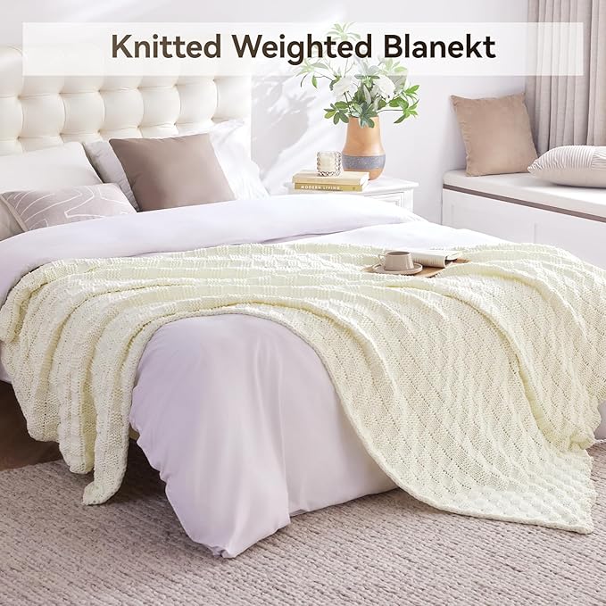Knitted Weighted Blanket for Adult, No Beads Heavy Blanket 60” x 80'' 12lbs, Breathable Chunky Knit Blanket, Cooling Weighted Blanket for Hot Sleepers, Christmas Home Decor (Ivory White)