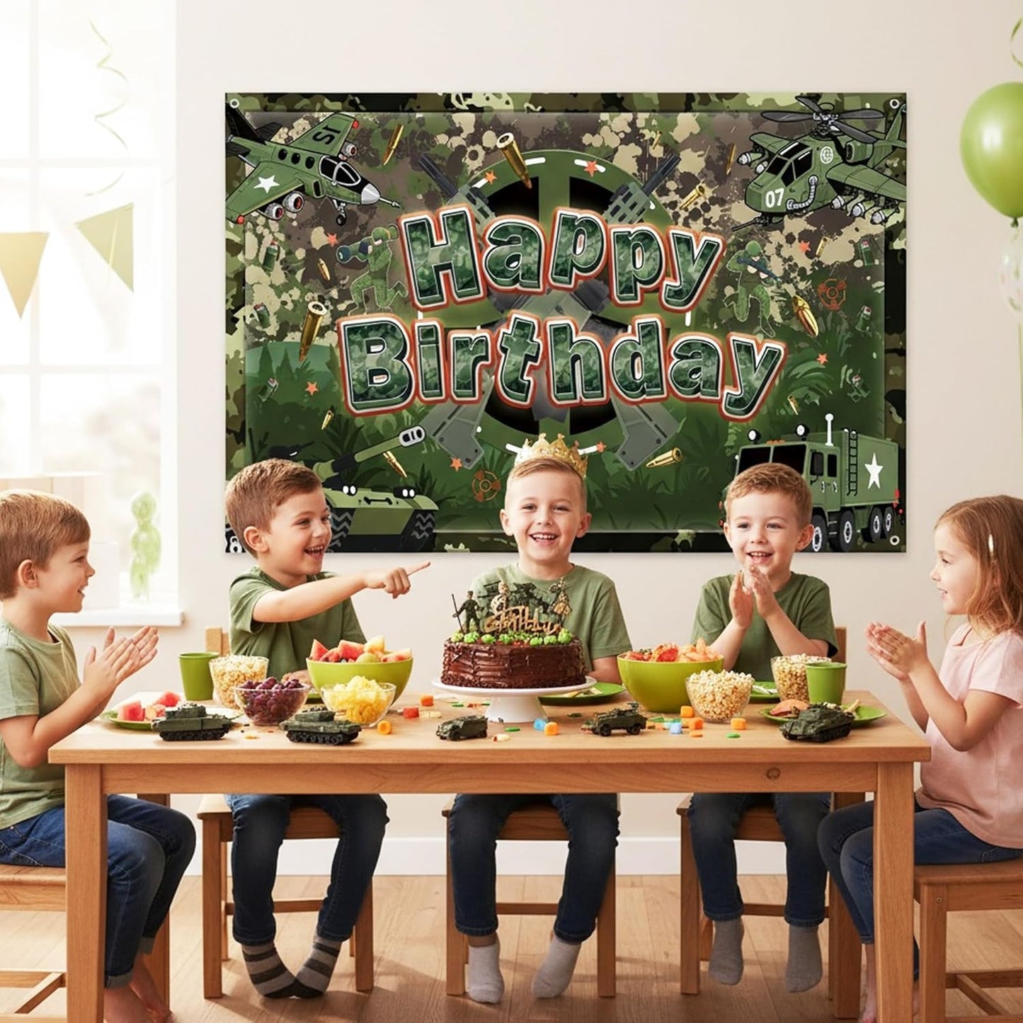 Army Camo Happy Birthday Backdrop Banner - Camouflage Military Theme Party Decorations, Large Vinyl Photo Background for Army Birthday Party Supplies 7x5 FT (71x43 In)